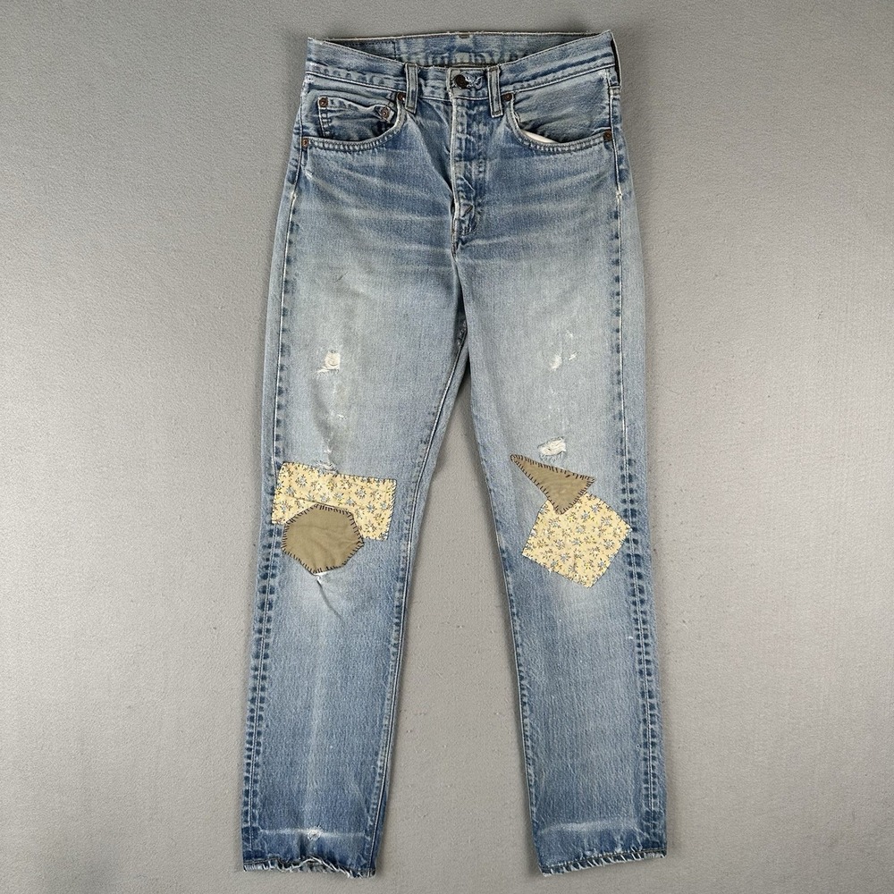 Vintage 70s Levi's 505 Jeans Men's 28x31 Blue Denim Patchwork Distressed